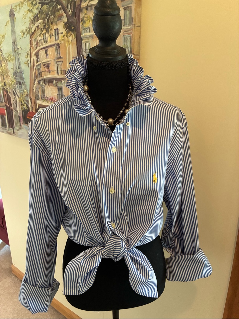 Ralph Lauren Blue and White Striped Ruffle Collar Button-Down Top